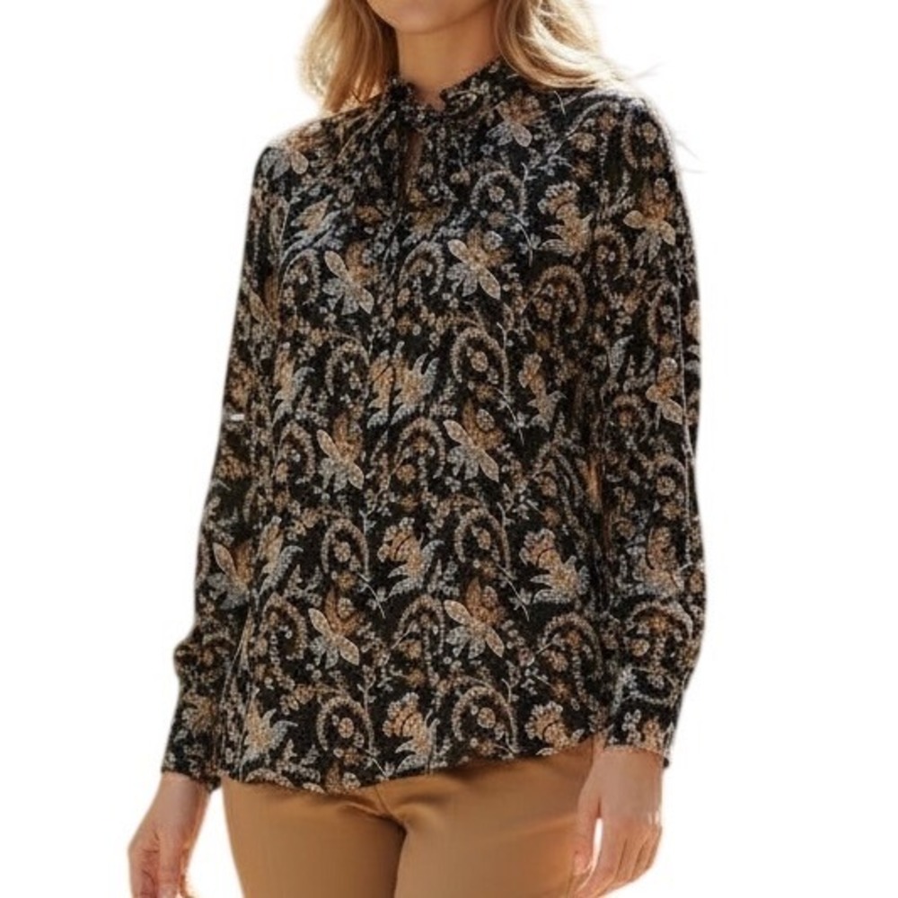 LOFT Long Sleeve Ruffle  Trim Pleated‎ Front Paisley Print Blouse NWT Size Small
